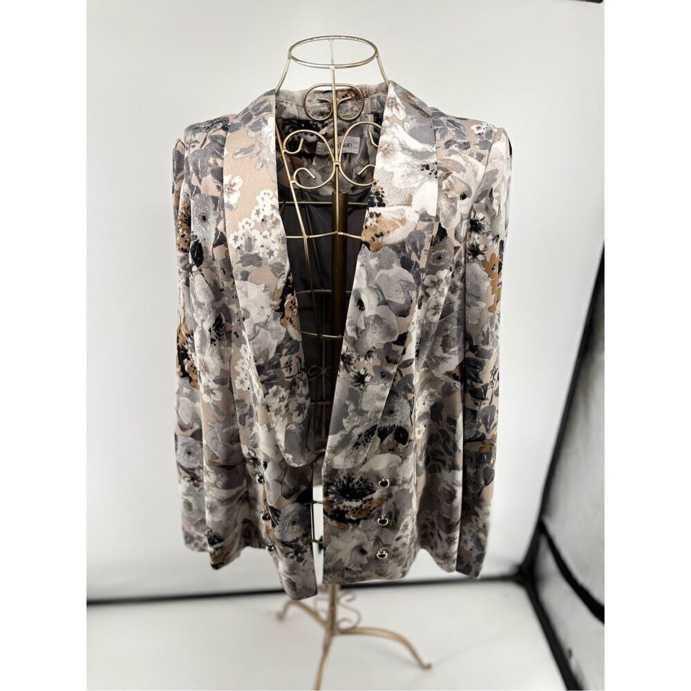 Calvin Klein Floral Print Open Front Blazer Women's Size 14 Gray White Black - Picture 8 of 13